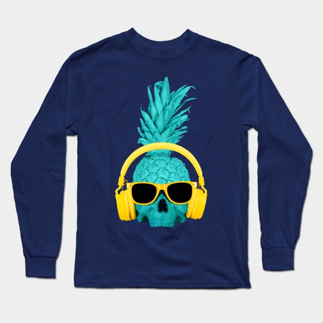 Pineapple skull in yellow headphones and glasses T-shirt. Long Sleeve T-Shirt by DAVID COVID 19 T-Shirt